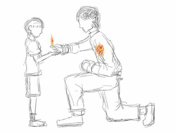 An adult with fire flame in heart sharing a small flame of fire with a youth