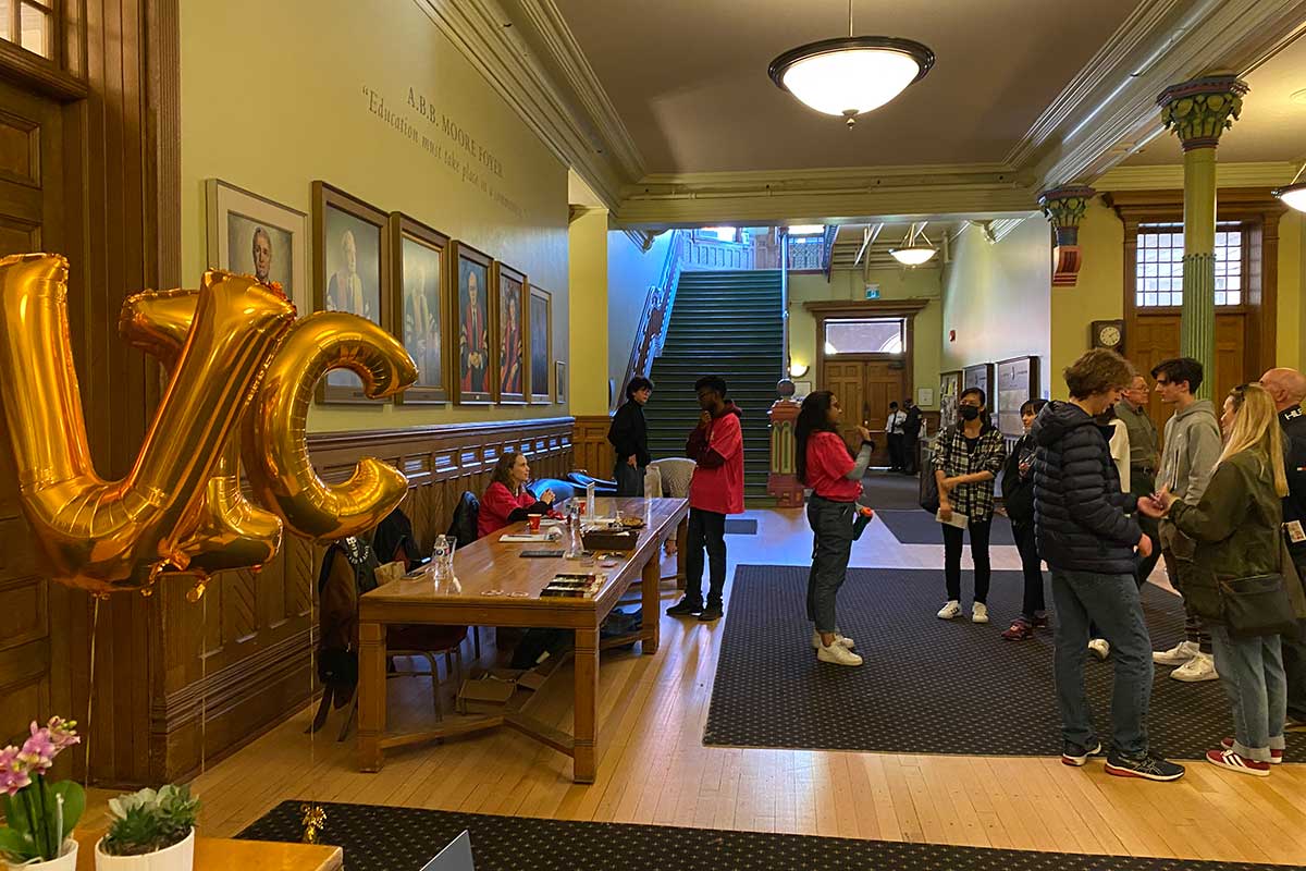 Students gathered on the main floor of the Old Vic building.